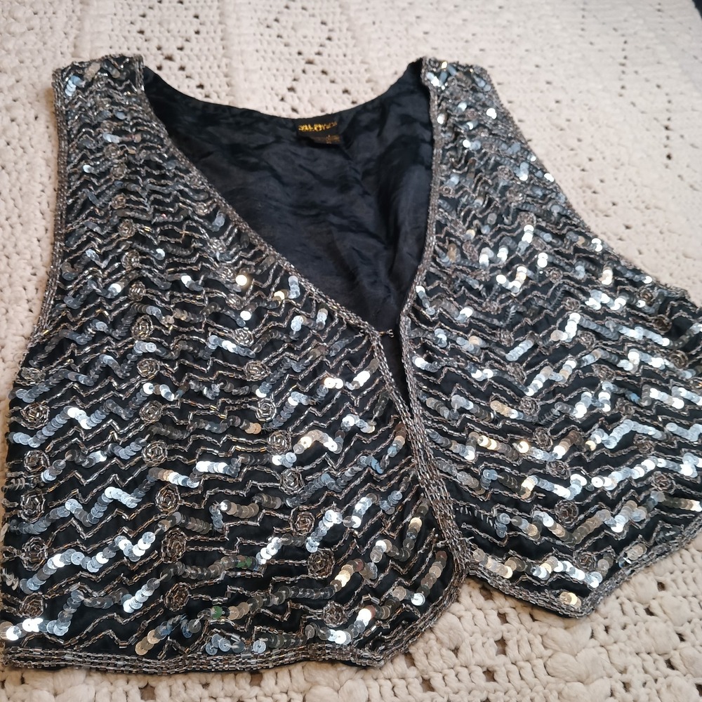 Vtg A Once Sequin Beaded Vest Bohemian Evening Party 100% Silk Glam‎ Silver Blk